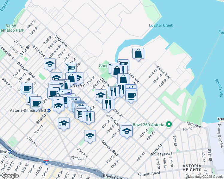 map of restaurants, bars, coffee shops, grocery stores, and more near 20-04 37th Street in Queens