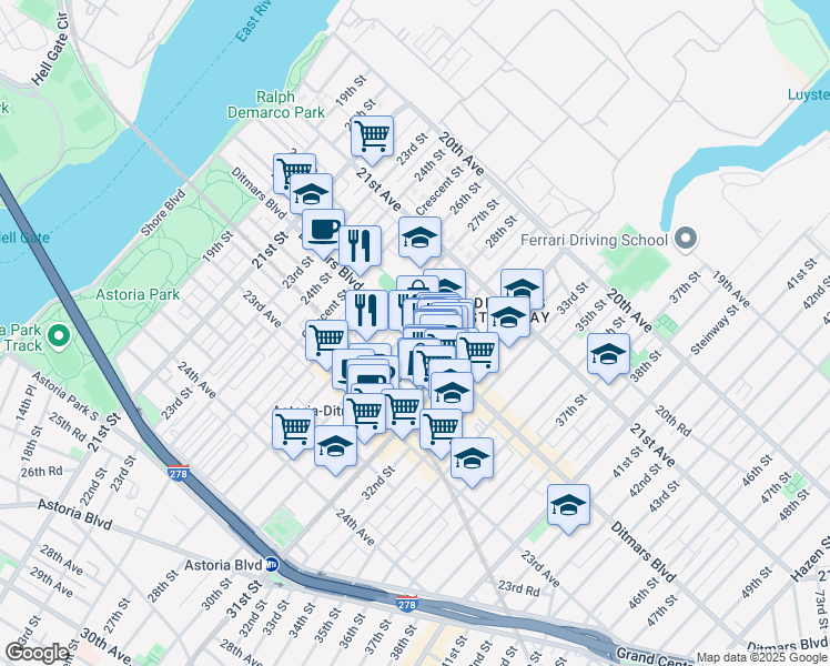 map of restaurants, bars, coffee shops, grocery stores, and more near 22- 1 27th Street in Queens