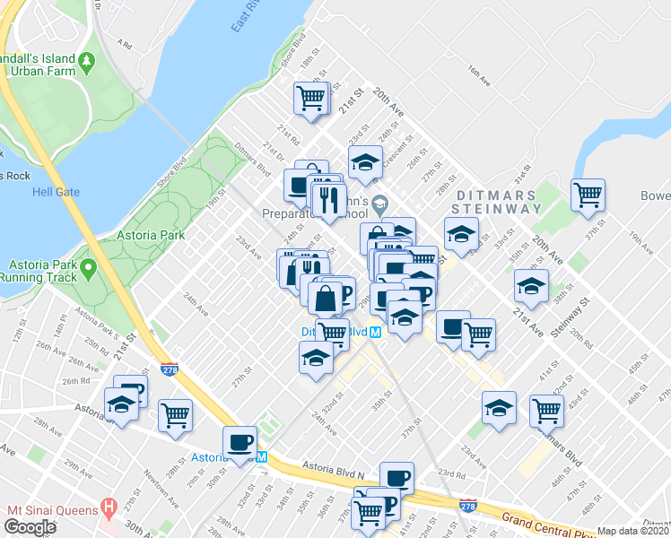 map of restaurants, bars, coffee shops, grocery stores, and more near 22-37 27th Street in Queens