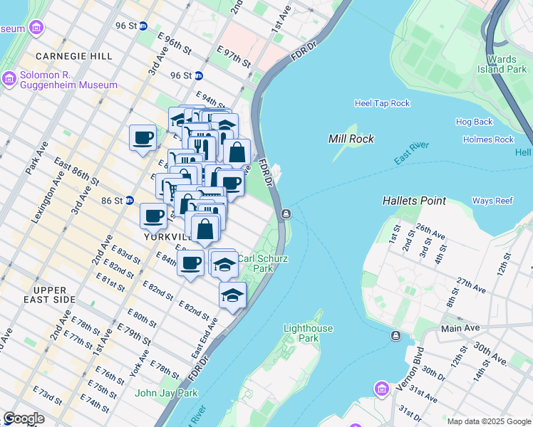 map of restaurants, bars, coffee shops, grocery stores, and more near 525 East 89th Street in New York