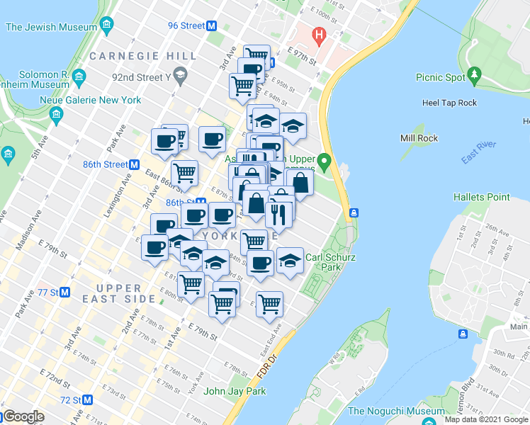 map of restaurants, bars, coffee shops, grocery stores, and more near 438 East 88th Street in New York