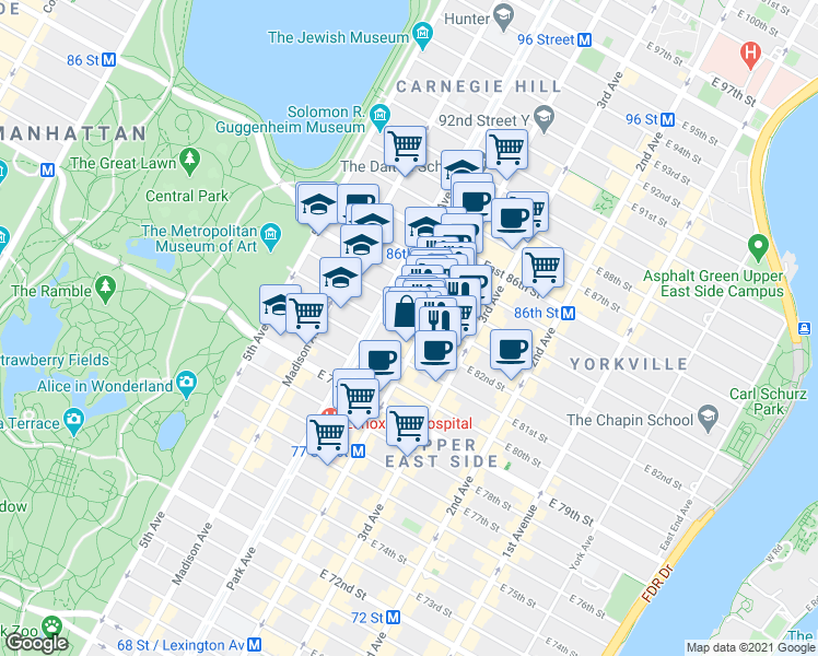map of restaurants, bars, coffee shops, grocery stores, and more near in New York