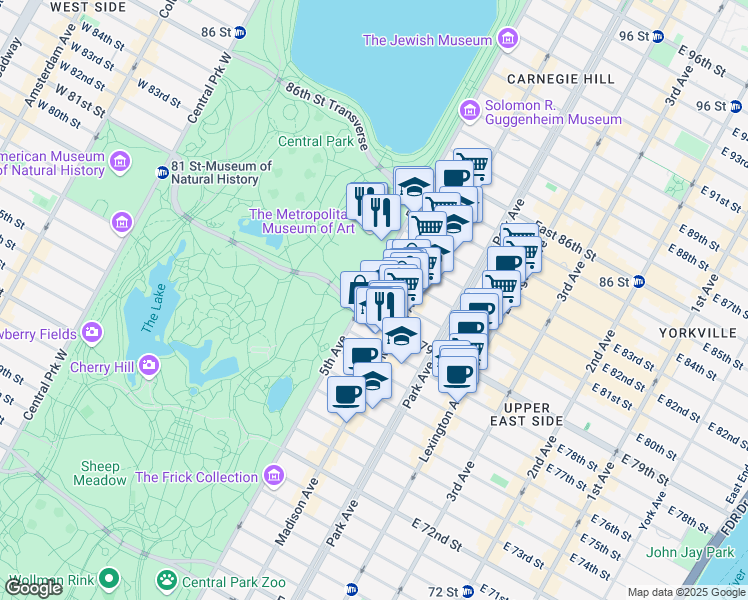map of restaurants, bars, coffee shops, grocery stores, and more near 987 5th Avenue in New York