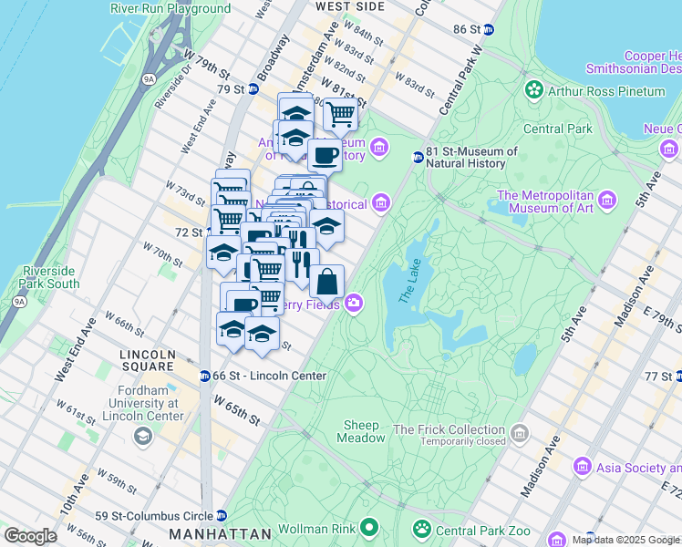 map of restaurants, bars, coffee shops, grocery stores, and more near 4 West 74th Street in New York