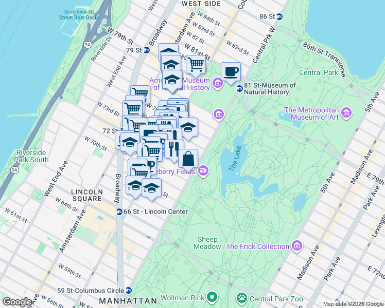 map of restaurants, bars, coffee shops, grocery stores, and more near 4 West 74th Street in New York