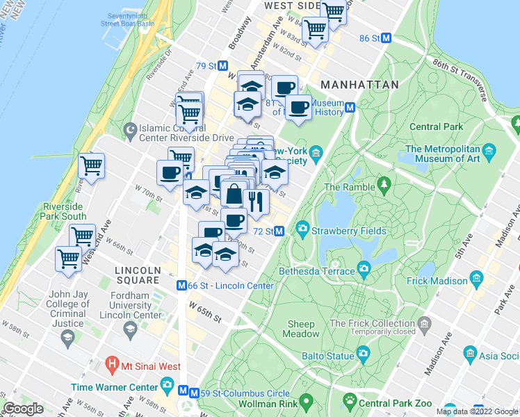 map of restaurants, bars, coffee shops, grocery stores, and more near 24 West 73rd Street in New York