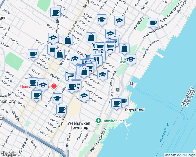 map of restaurants, bars, coffee shops, grocery stores, and more near 56 46th Street in Weehawken