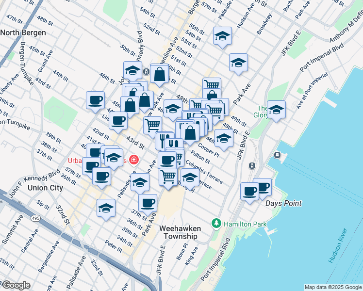 map of restaurants, bars, coffee shops, grocery stores, and more near 4504 Brown Street in Union City