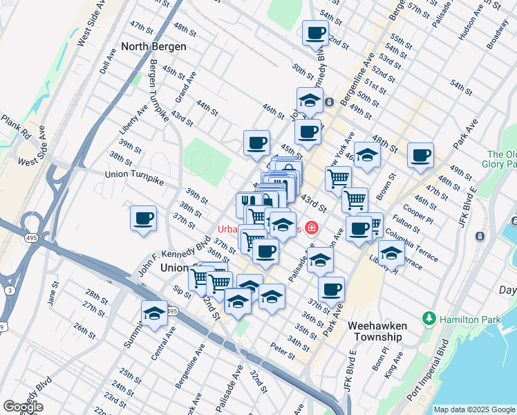 map of restaurants, bars, coffee shops, grocery stores, and more near 524 41st Street in Union City