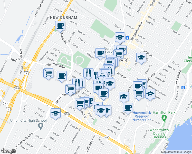 map of restaurants, bars, coffee shops, grocery stores, and more near 4000 John F. Kennedy Boulevard in Union City