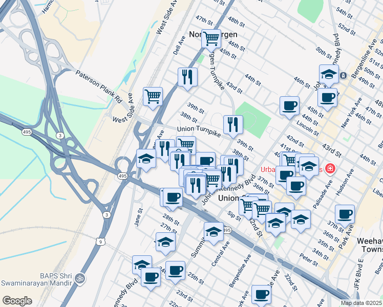 map of restaurants, bars, coffee shops, grocery stores, and more near 3649 Meadow Lane in North Bergen