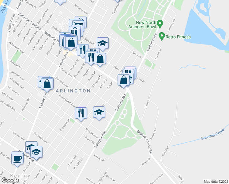 map of restaurants, bars, coffee shops, grocery stores, and more near 752 Forest Street in Kearny