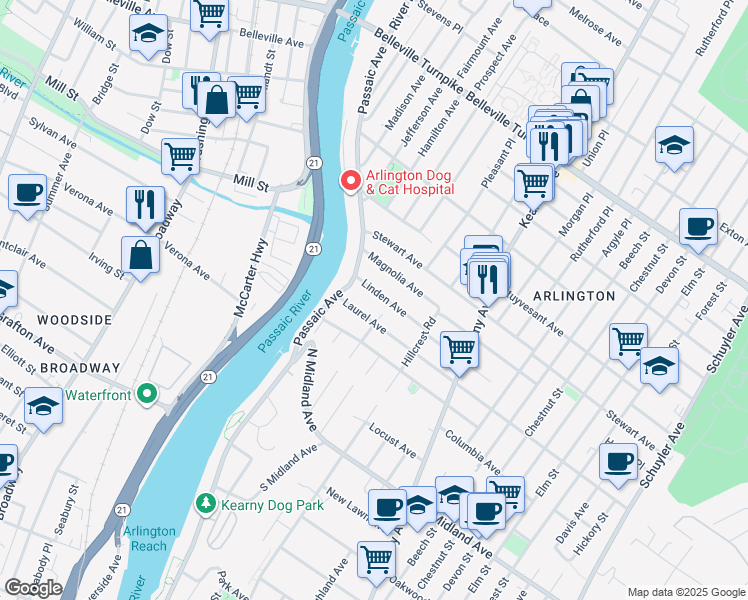 map of restaurants, bars, coffee shops, grocery stores, and more near 24 Linden Avenue in Kearny