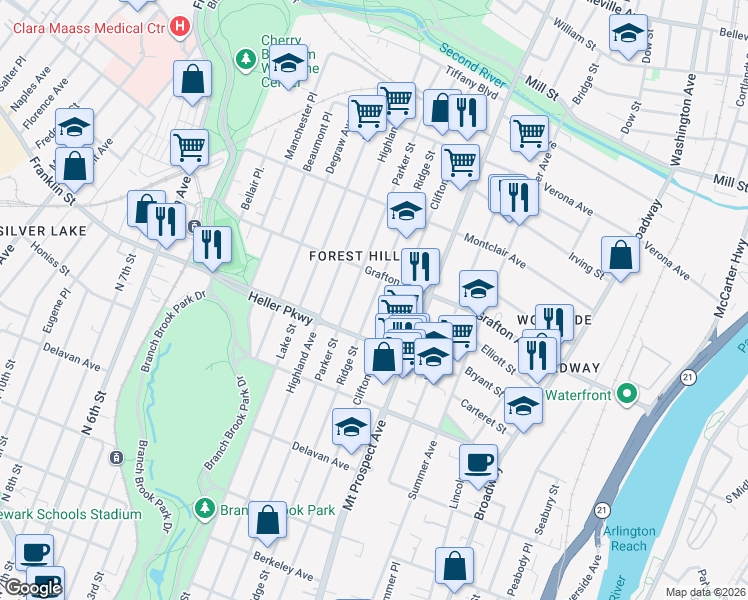 map of restaurants, bars, coffee shops, grocery stores, and more near 696 Ridge Street in Newark