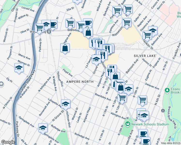 map of restaurants, bars, coffee shops, grocery stores, and more near 20 Elmwood Avenue in Bloomfield