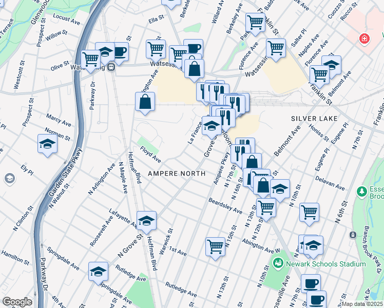 map of restaurants, bars, coffee shops, grocery stores, and more near 20 Elmwood Avenue in Bloomfield