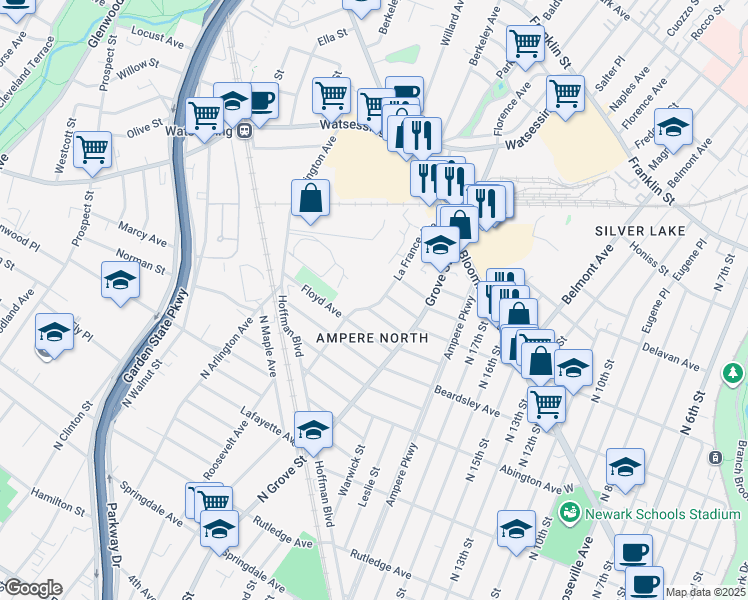 map of restaurants, bars, coffee shops, grocery stores, and more near 97 La France Avenue in Bloomfield