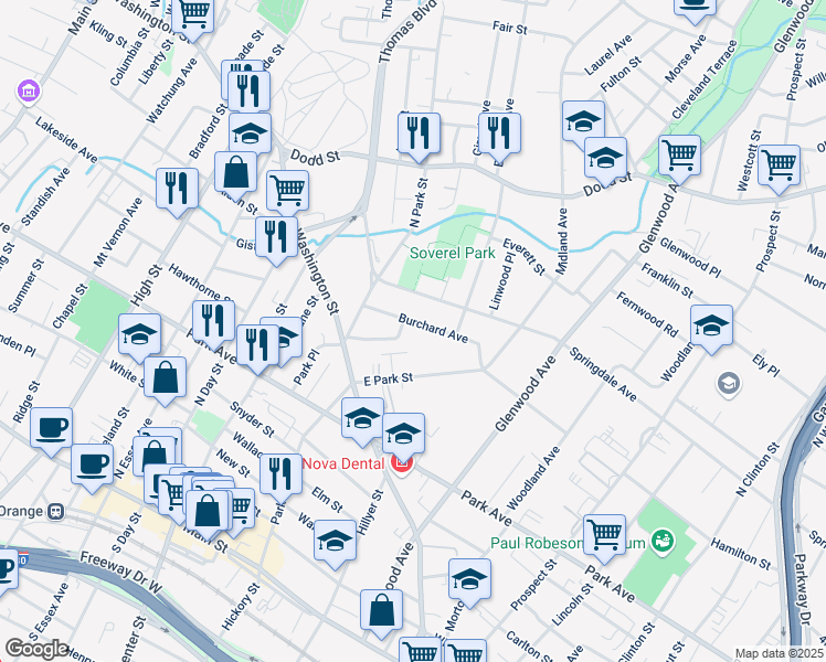 map of restaurants, bars, coffee shops, grocery stores, and more near 68 Burchard Avenue in East Orange