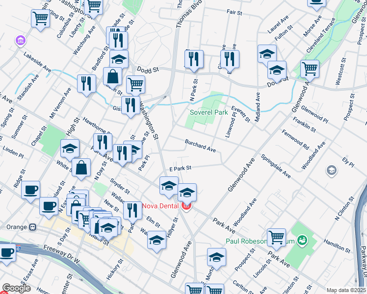 map of restaurants, bars, coffee shops, grocery stores, and more near 99 Burchard Avenue in East Orange