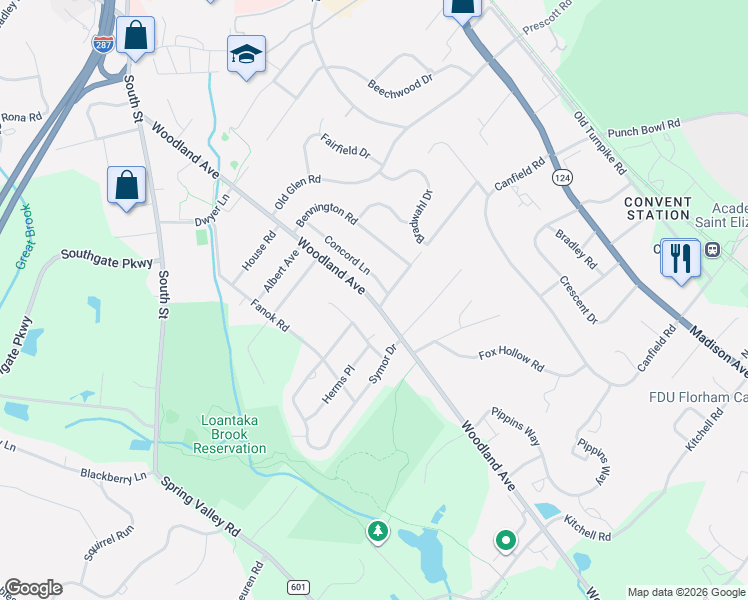 map of restaurants, bars, coffee shops, grocery stores, and more near 111 Woodland Avenue in Morristown