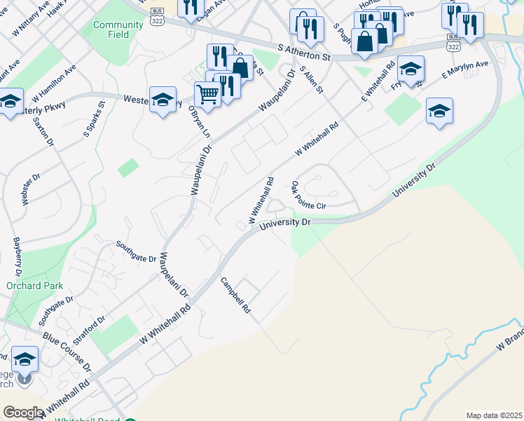map of restaurants, bars, coffee shops, grocery stores, and more near 145 Winchester Court in State College