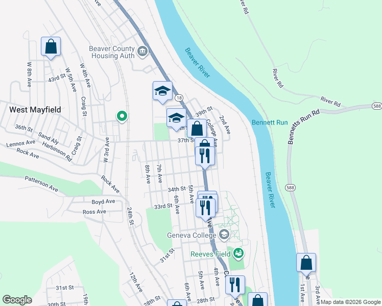 map of restaurants, bars, coffee shops, grocery stores, and more near 3611 4th Avenue in Beaver Falls