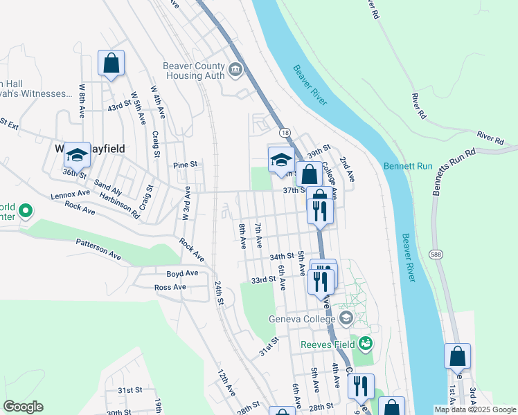 map of restaurants, bars, coffee shops, grocery stores, and more near 3614 7th Avenue in Beaver Falls
