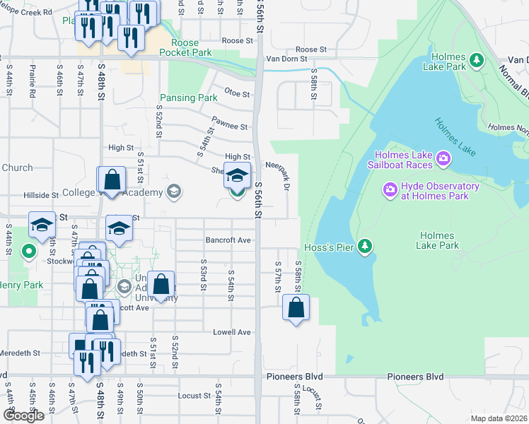 map of restaurants, bars, coffee shops, grocery stores, and more near 5628 Fairacres Court in Lincoln