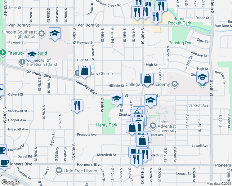 map of restaurants, bars, coffee shops, grocery stores, and more near 3515 South 46th Street in Lincoln