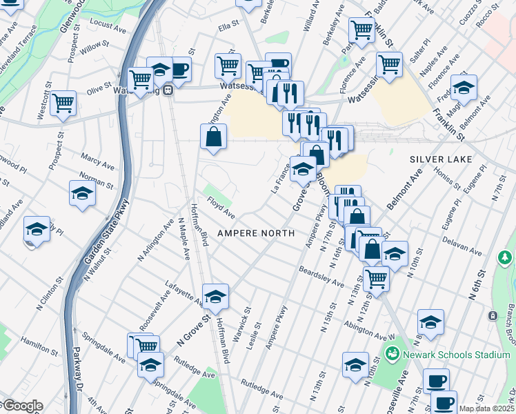 map of restaurants, bars, coffee shops, grocery stores, and more near 97 La France Avenue in Bloomfield