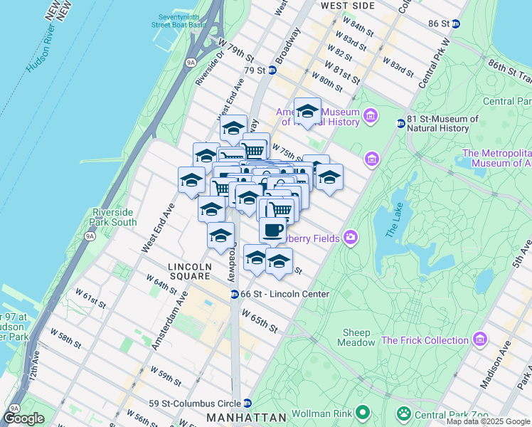 map of restaurants, bars, coffee shops, grocery stores, and more near 133 West 71st Street in New York