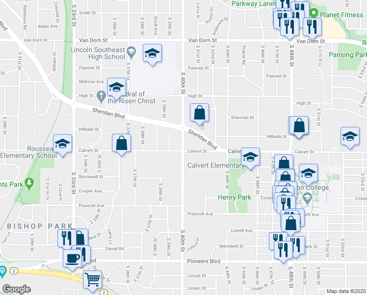 map of restaurants, bars, coffee shops, grocery stores, and more near 3512 South 40th Street in Lincoln
