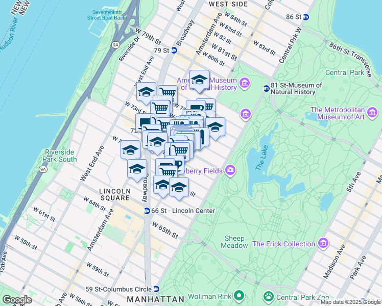 map of restaurants, bars, coffee shops, grocery stores, and more near 55 West 72nd Street in New York