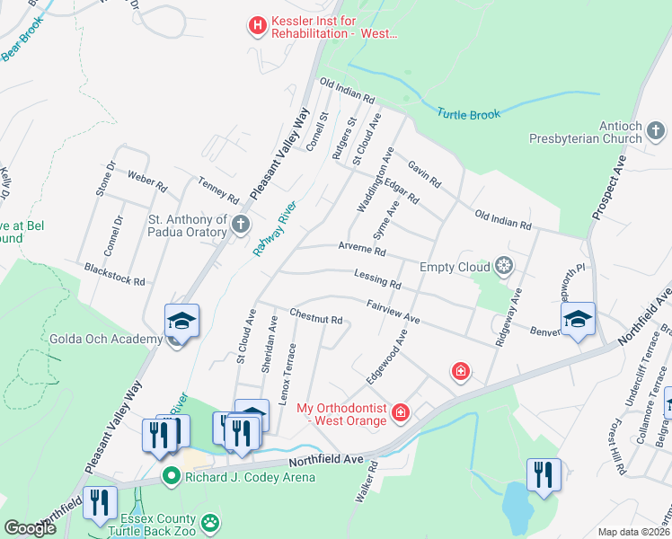 map of restaurants, bars, coffee shops, grocery stores, and more near 79 Lessing Road in West Orange