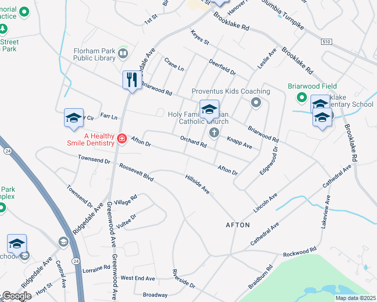 map of restaurants, bars, coffee shops, grocery stores, and more near 31 Afton Drive in Florham Park