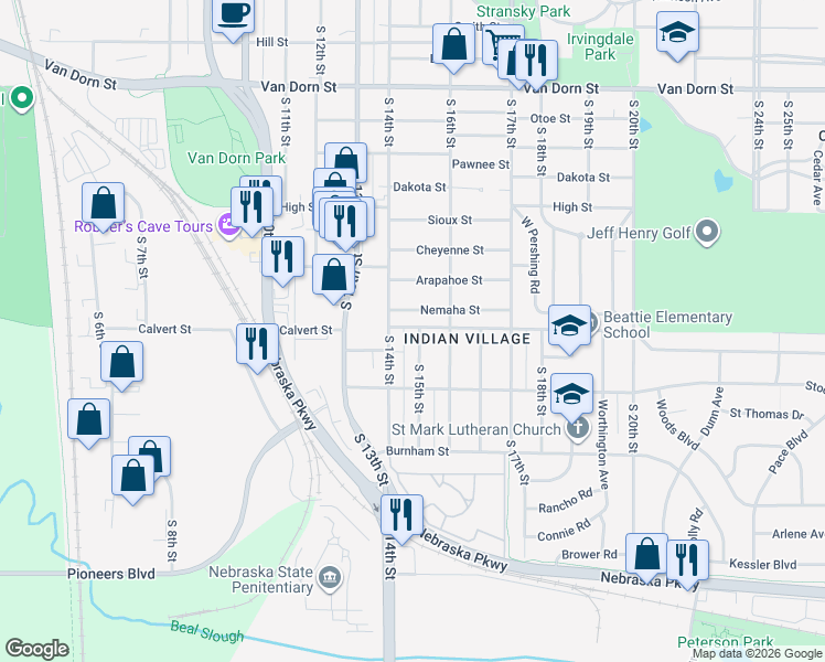 map of restaurants, bars, coffee shops, grocery stores, and more near 3601 South 15th Street in Lincoln