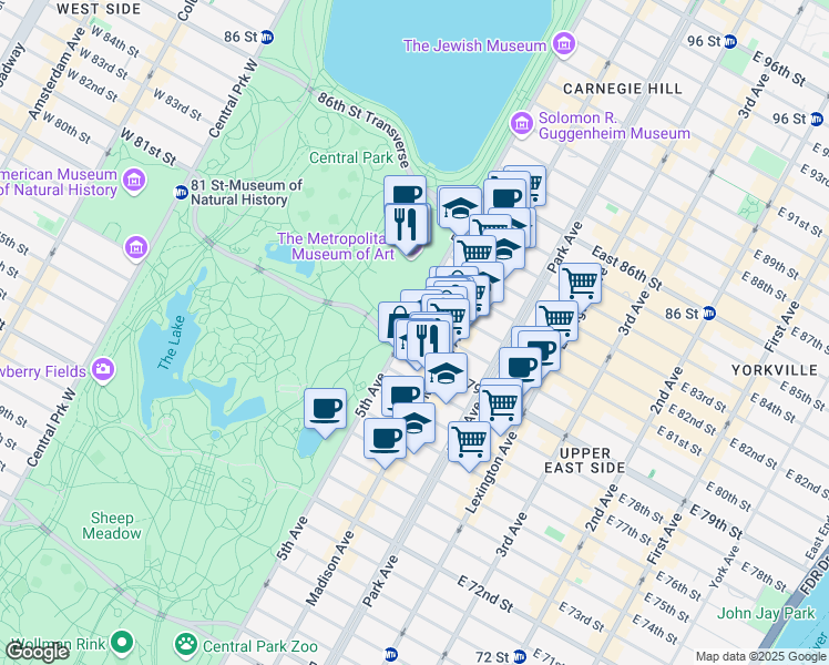 map of restaurants, bars, coffee shops, grocery stores, and more near 985 5th Avenue in New York