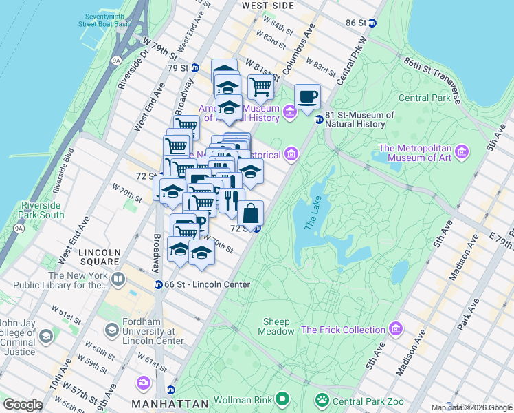 map of restaurants, bars, coffee shops, grocery stores, and more near 4 West 74th Street in New York