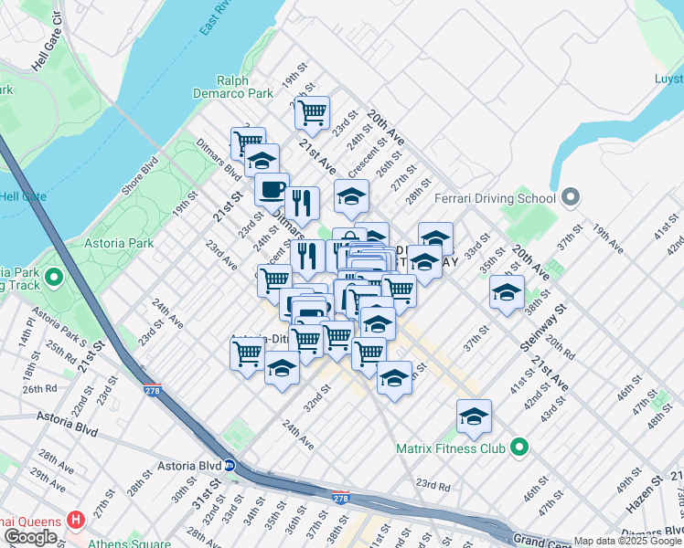 map of restaurants, bars, coffee shops, grocery stores, and more near Ditmars Blvd & 28th St in Queens