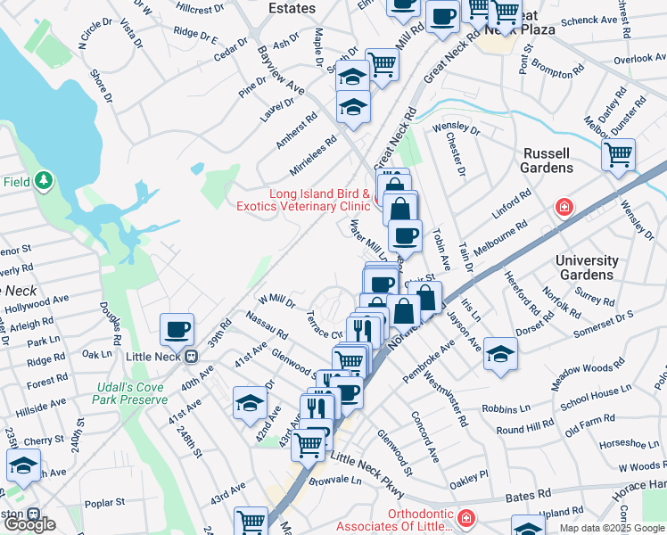 map of restaurants, bars, coffee shops, grocery stores, and more near 4 Terrace Circle in Great Neck