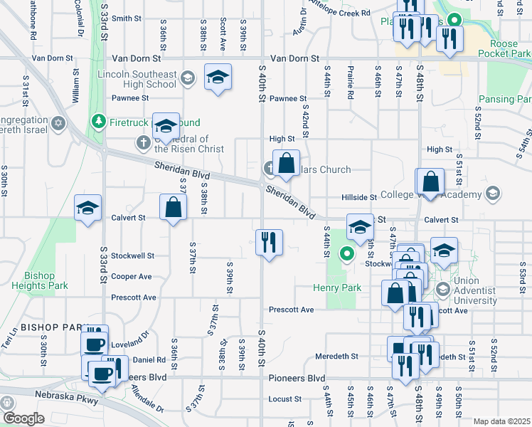 map of restaurants, bars, coffee shops, grocery stores, and more near 3510 South 40th Street in Lincoln