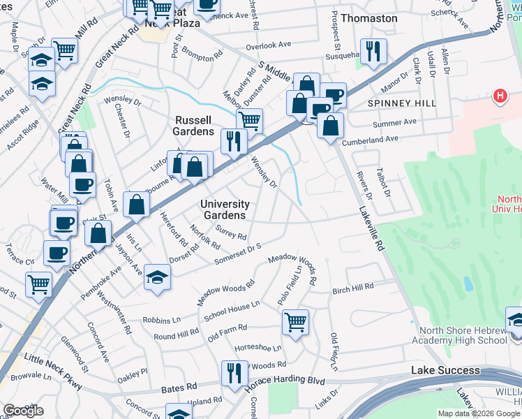 map of restaurants, bars, coffee shops, grocery stores, and more near 11 Rutland Road in Great Neck