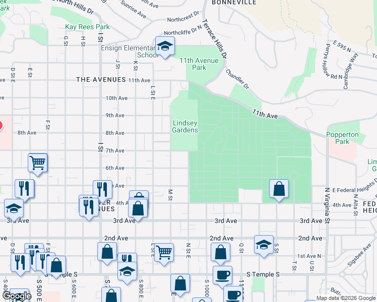 map of restaurants, bars, coffee shops, grocery stores, and more near 525 N Street East in Salt Lake City