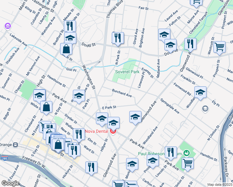 map of restaurants, bars, coffee shops, grocery stores, and more near 68 Burchard Avenue in East Orange