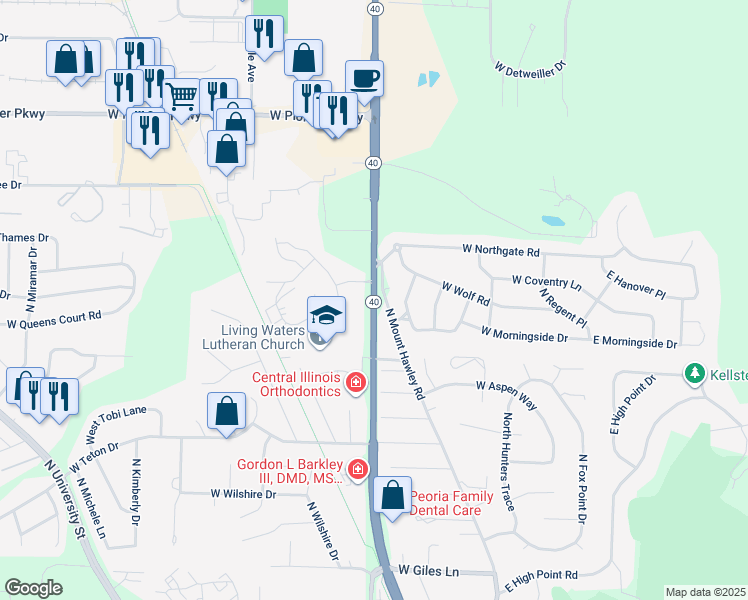 map of restaurants, bars, coffee shops, grocery stores, and more near 7418 Knoxville Avenue in Peoria