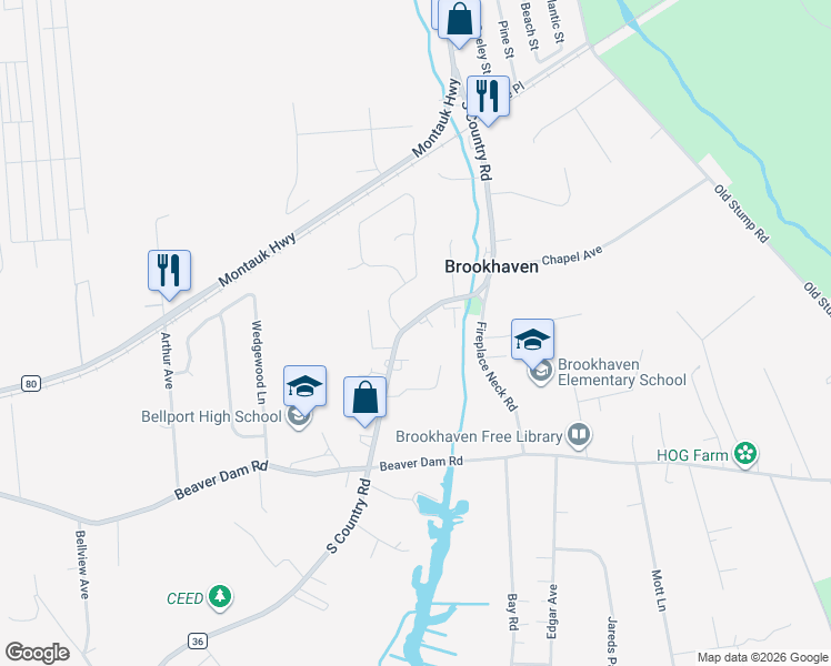 map of restaurants, bars, coffee shops, grocery stores, and more near 366 South Country Road in Brookhaven