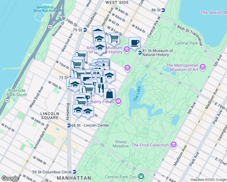 map of restaurants, bars, coffee shops, grocery stores, and more near 5 West 73rd Street in New York