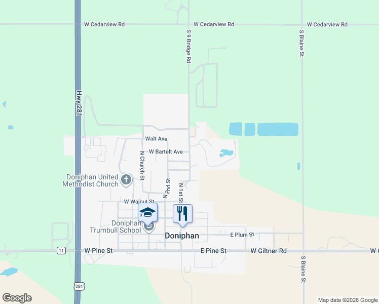 map of restaurants, bars, coffee shops, grocery stores, and more near 100 West Bartelt Avenue in Doniphan