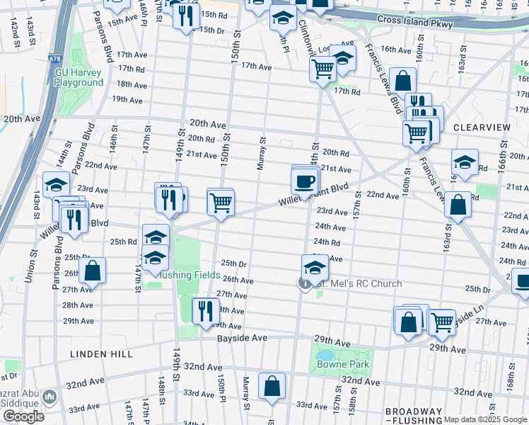 map of restaurants, bars, coffee shops, grocery stores, and more near 151-10 Willets Point Boulevard in Queens