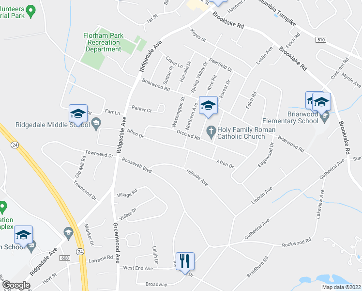 map of restaurants, bars, coffee shops, grocery stores, and more near 31 Afton Drive in Florham Park